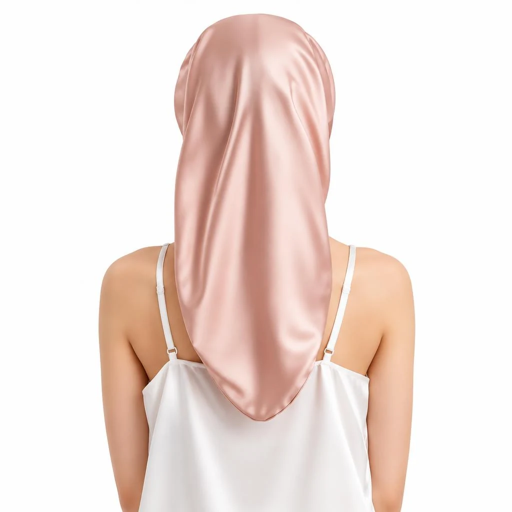 Bonnet en soie de mûrier pour cheveux longs et bouclés – Rose poudré - Vue arrière avec enveloppement complet