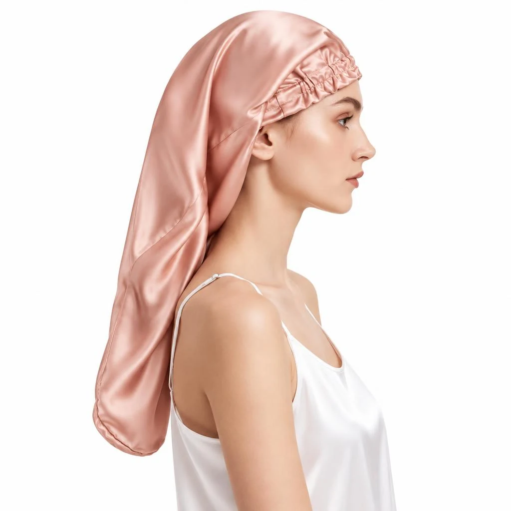 Modèle avec : Bonnet en soie de mûrier pour cheveux longs et bouclés – Rose poudré