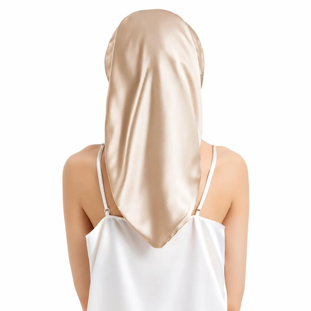 Bonnet en soie de mûrier pour cheveux longs et bouclés – Or champagne - Vue arrière avec enveloppement complet