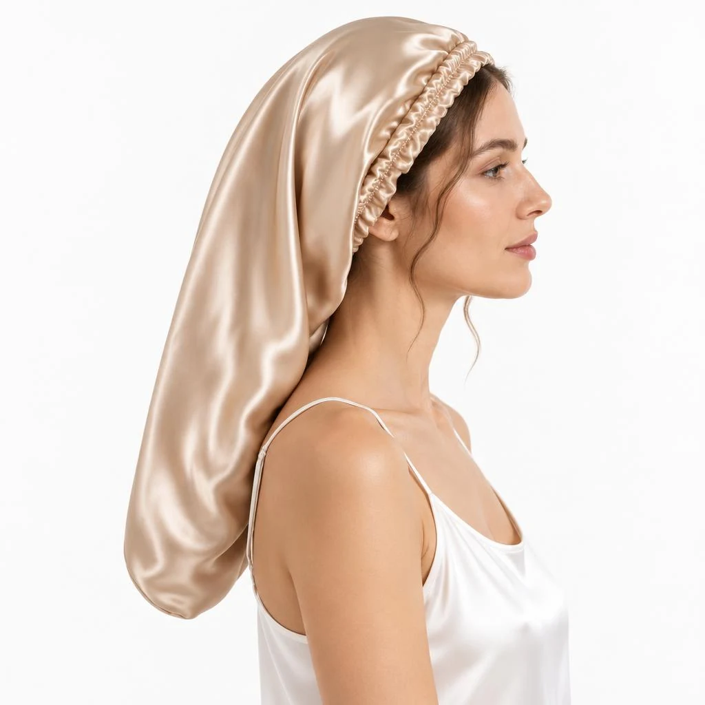 Modèle avec : Bonnet en soie de mûrier pour cheveux longs et bouclés – Or champagne