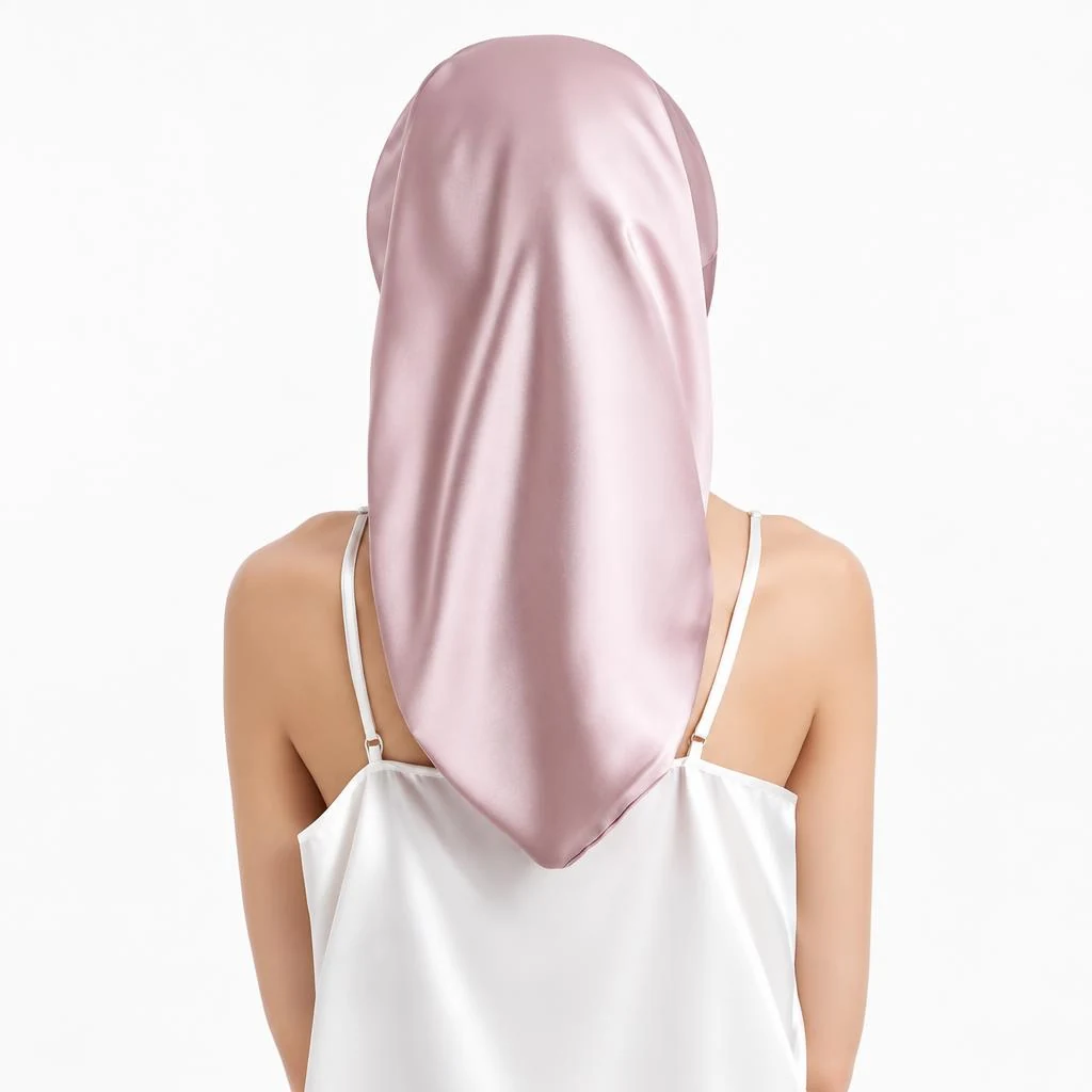 Bonnet en soie de mûrier pour cheveux longs et bouclés – Vieux rose - Vue arrière avec enveloppement complet