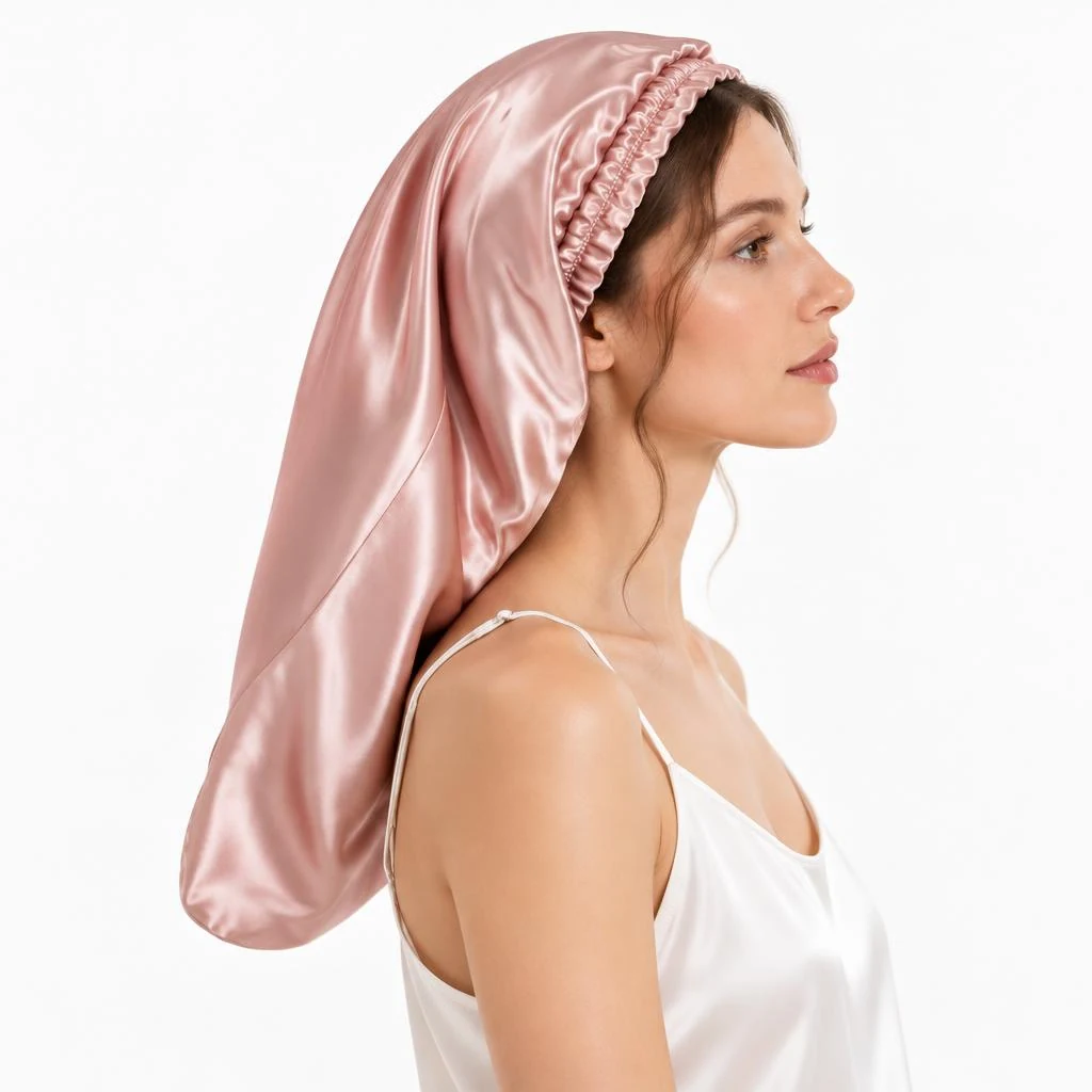 Modèle avec : Bonnet en soie de mûrier pour cheveux longs et bouclés – Vieux rose