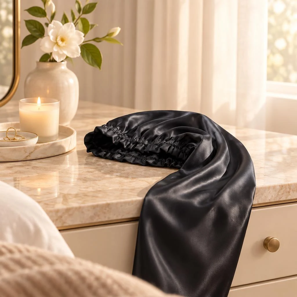 Bonnet en soie de mûrier pour cheveux longs et bouclés – Noir intense - Lifestyle et soin délicat des cheveux
