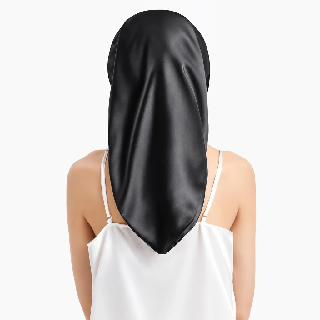 Bonnet en soie de mûrier pour cheveux longs et bouclés – Noir intense - Vue arrière avec enveloppement complet