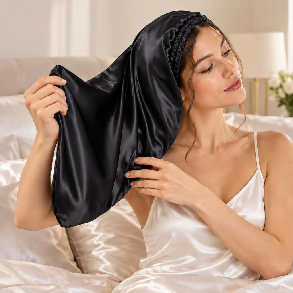 Bonnet en soie de mûrier pour cheveux longs et bouclés – Noir intense - Mise en place avec insertion délicate des mèches