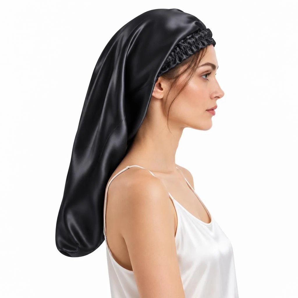 Modèle avec : Bonnet en soie de mûrier pour cheveux longs et bouclés – Noir intense