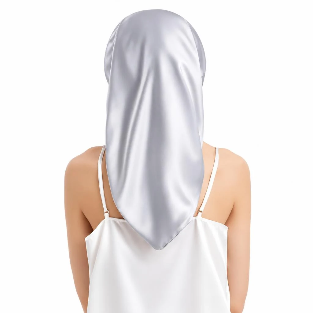 Bonnet en soie de mûrier pour cheveux longs et bouclés – Gris argent - Vue arrière avec enveloppement complet