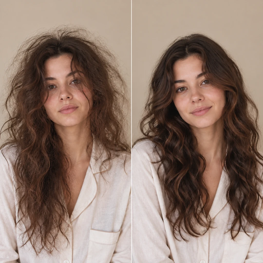 Comparaison matinale avant et après une nuit avec notre bonnet en 100% pure soie de mûrier