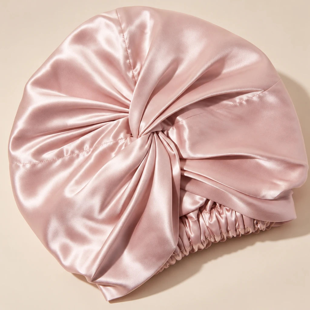 Bonnet de nuit en soie de mûrier standard – Rose poudré - Gros plan sur la brillance et la texture de la soie
