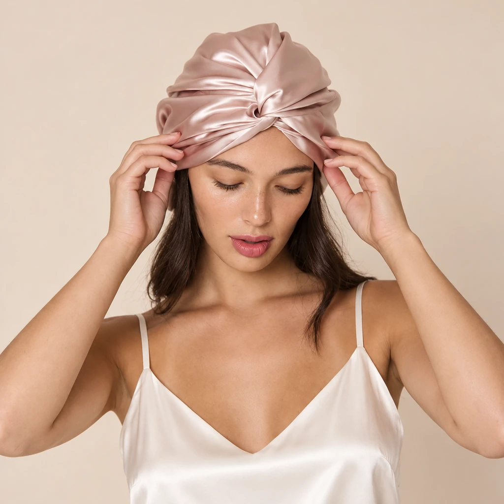 Modèle avec : Bonnet de nuit en soie de mûrier standard – Rose poudré