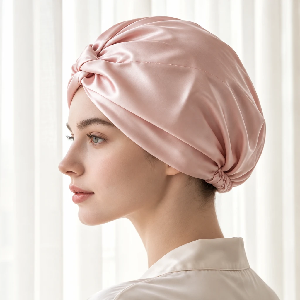 Bonnet de nuit en soie de mûrier standard – Rose poudré - Profil latéral et positionnement sur la tête