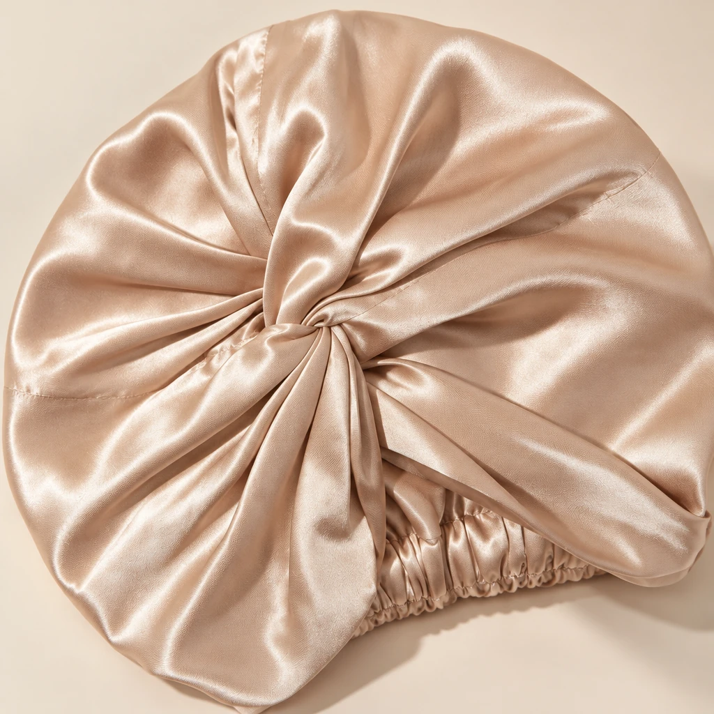 Bonnet de nuit en soie de mûrier standard – Or champagne - Gros plan sur la brillance et la texture de la soie