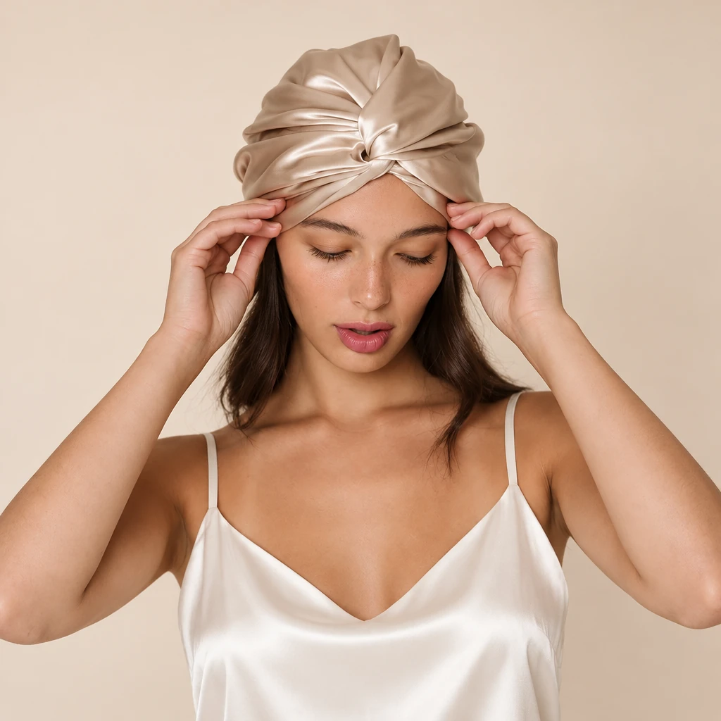 Modèle avec : Bonnet de nuit en soie de mûrier standard – Or champagne