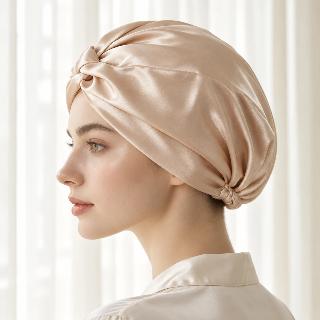 Bonnet de nuit en soie de mûrier standard – Or champagne - Profil latéral et positionnement sur la tête