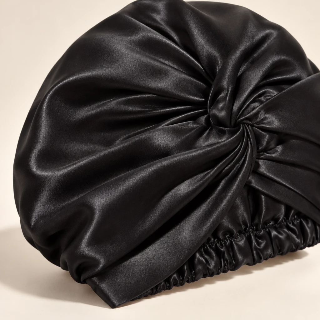 Bonnet de nuit en soie de mûrier standard – Noir intense - Gros plan sur la brillance et la texture de la soie
