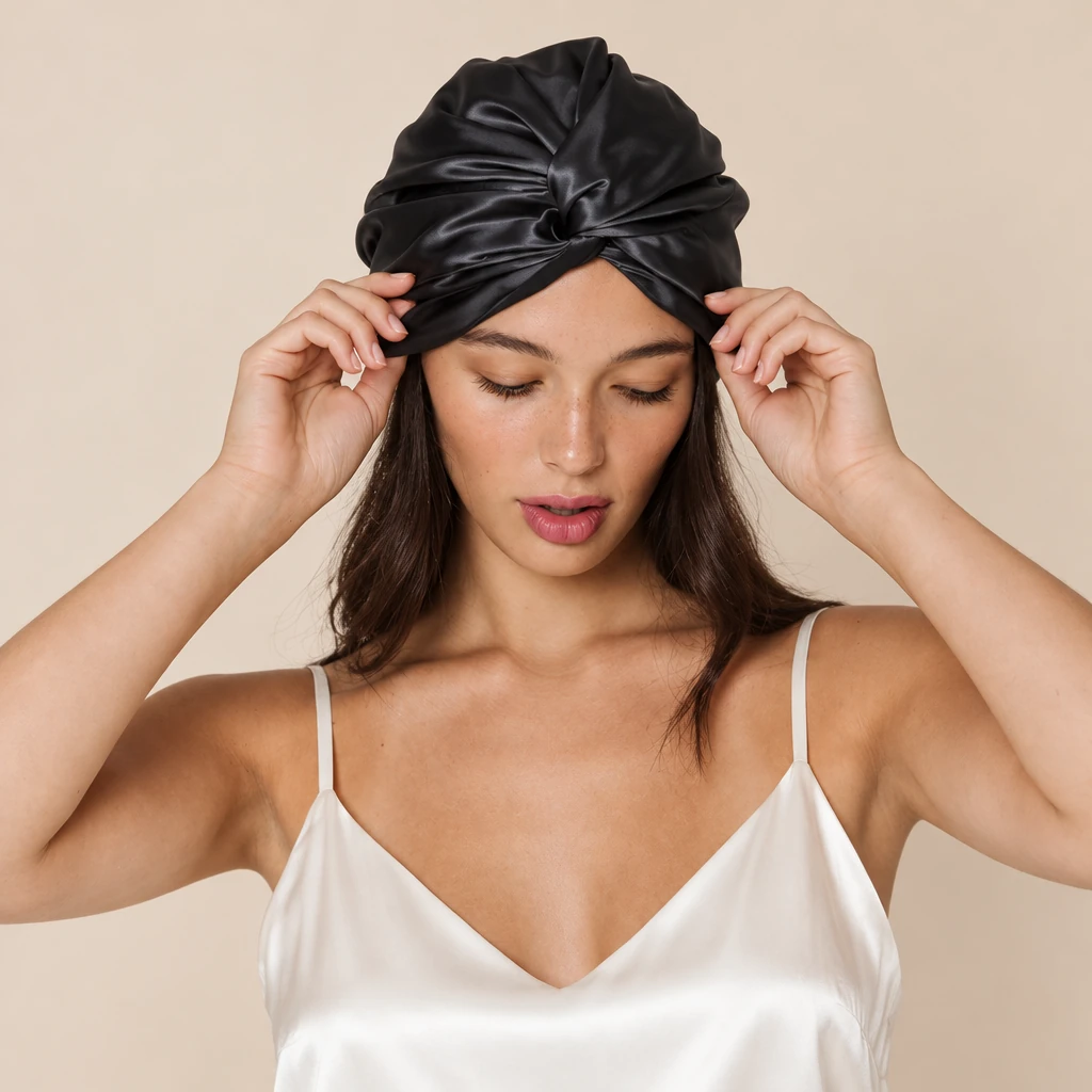 Modèle avec : Bonnet de nuit en soie de mûrier standard – Noir intense