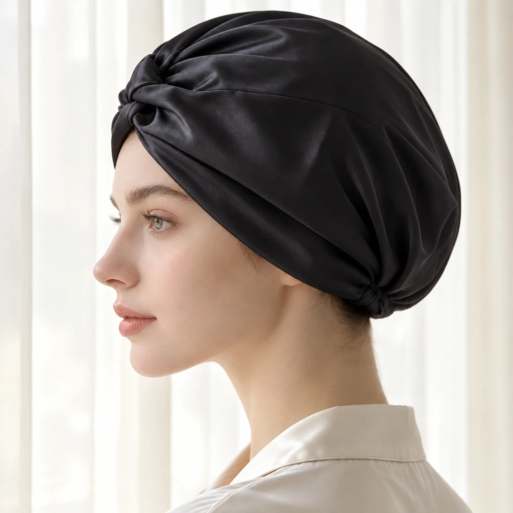 Bonnet de nuit en soie de mûrier standard – Noir intense - Profil latéral et positionnement sur la tête