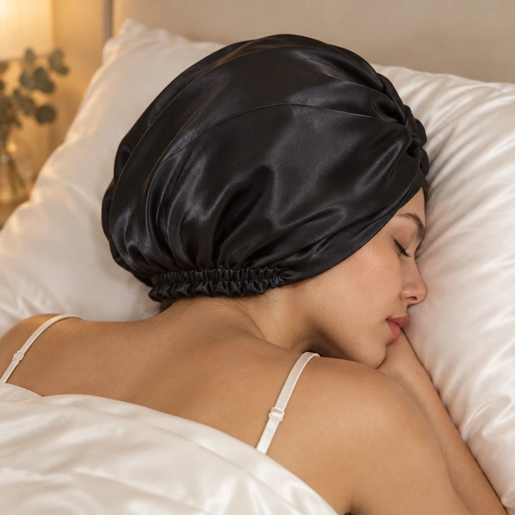 Bonnet de nuit en soie de mûrier standard – Noir intense - Protection nocturne et appui sur l'oreiller