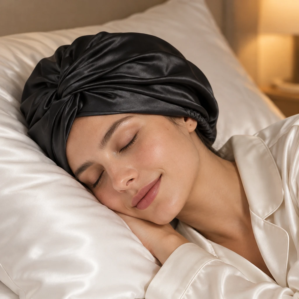 Bonnet de nuit en soie de mûrier standard – Noir intense - Sommeil serein et régénérant avec protection en soie