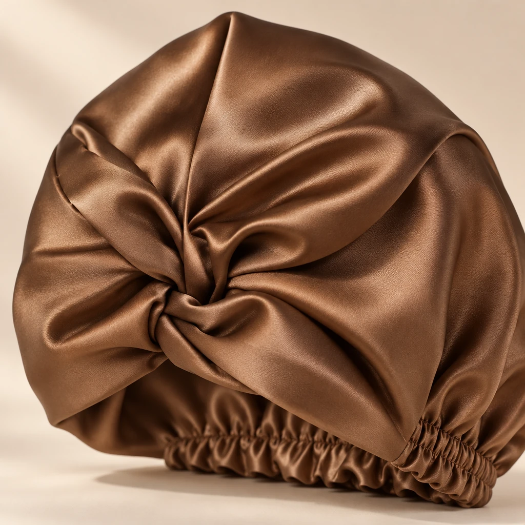 Bonnet de nuit en soie de mûrier standard – Marron moka - Gros plan sur la brillance et la texture de la soie