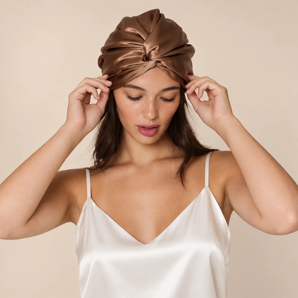 Modèle avec : Bonnet de nuit en soie de mûrier standard – Marron moka