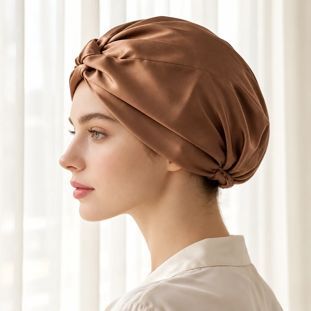 Bonnet de nuit en soie de mûrier standard – Marron moka - Profil latéral et positionnement sur la tête