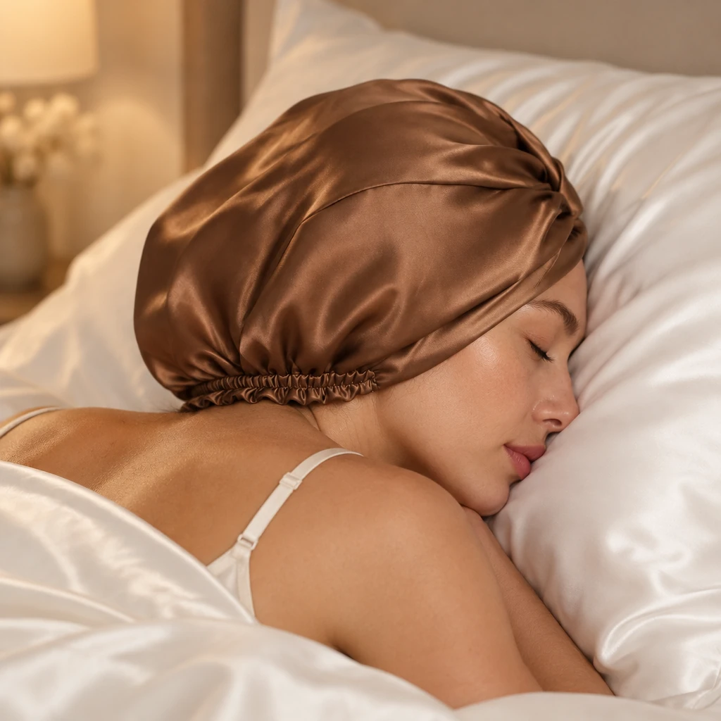 Bonnet de nuit en soie de mûrier standard – Marron moka - Protection nocturne et appui sur l'oreiller
