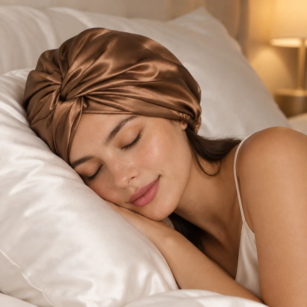 Bonnet de nuit en soie de mûrier standard – Marron moka - Sommeil serein et régénérant avec protection en soie