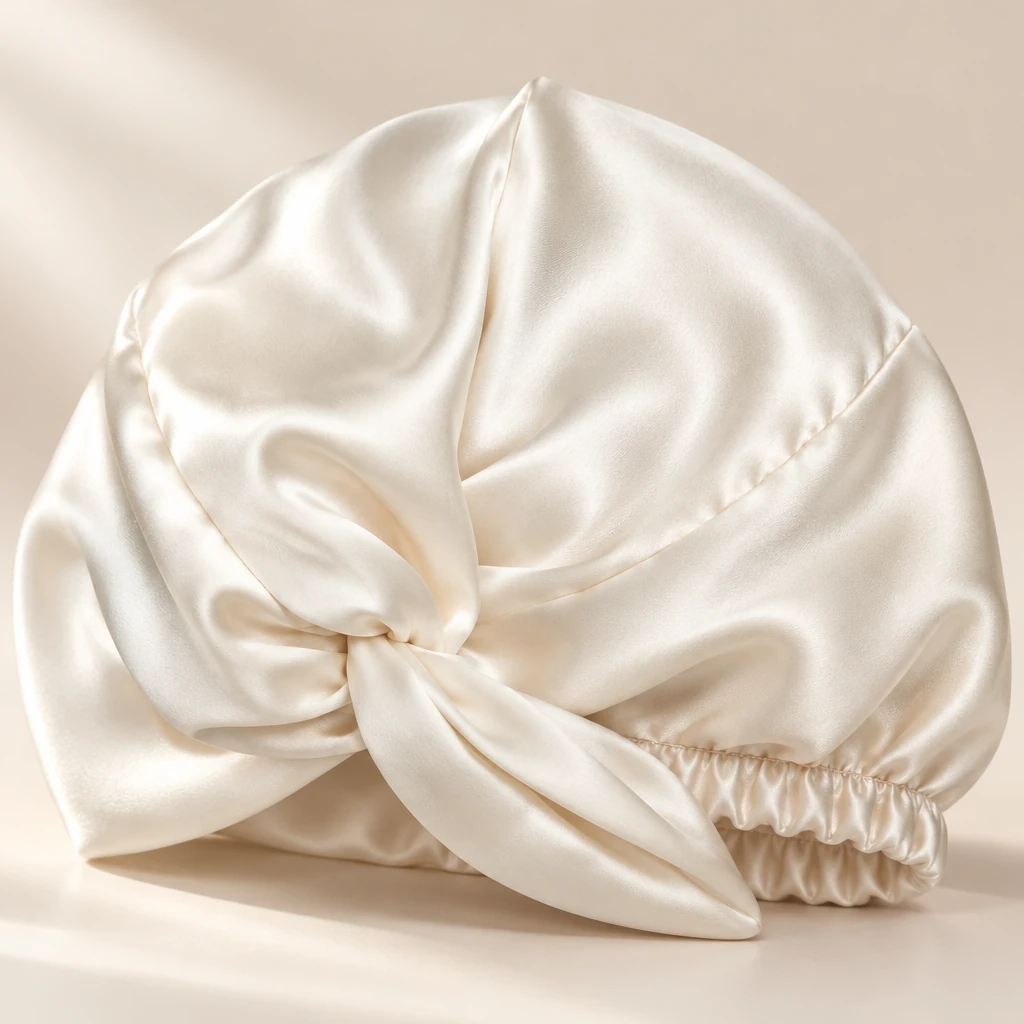 Bonnet de nuit en soie de mûrier standard – Blanc perle - Gros plan sur la brillance et la texture de la soie