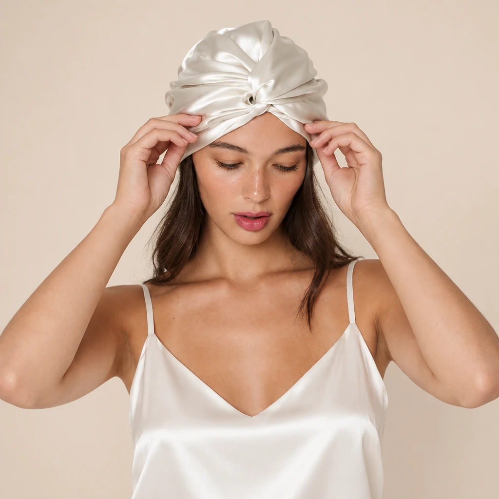 Modèle avec : Bonnet de nuit en soie de mûrier standard – Blanc perle