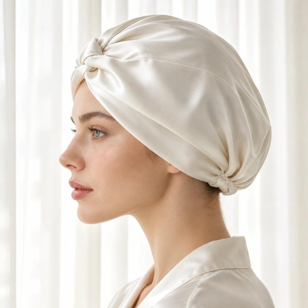 Bonnet de nuit en soie de mûrier standard – Blanc perle - Profil latéral et positionnement sur la tête
