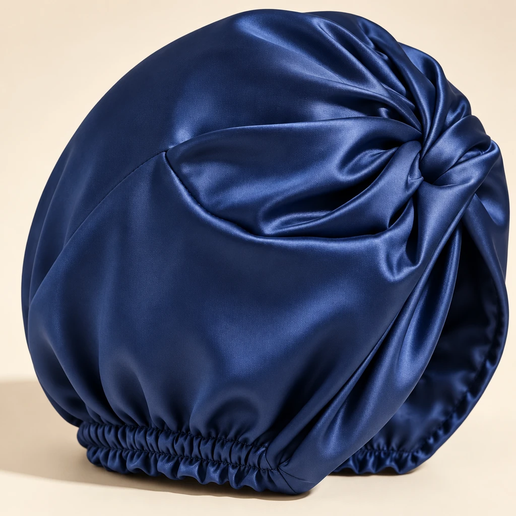 Bonnet de nuit en soie de mûrier standard – Bleu marine royal - Gros plan sur la brillance et la texture de la soie
