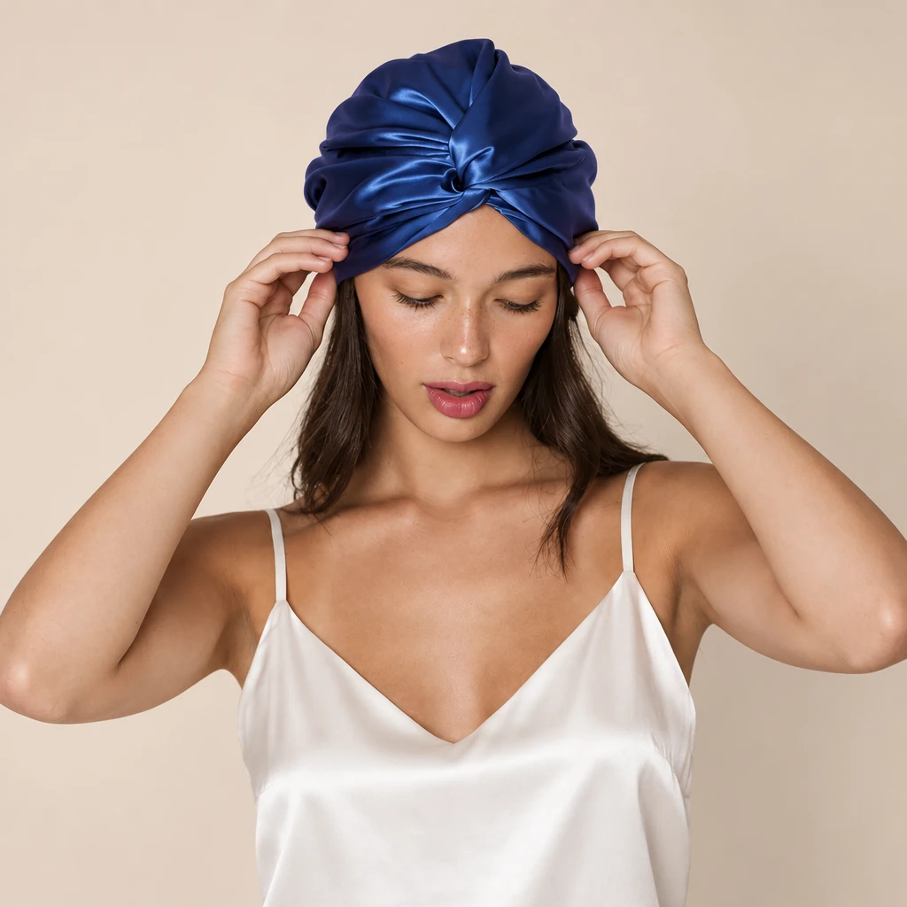 Modèle avec : Bonnet de nuit en soie de mûrier standard – Bleu marine royal