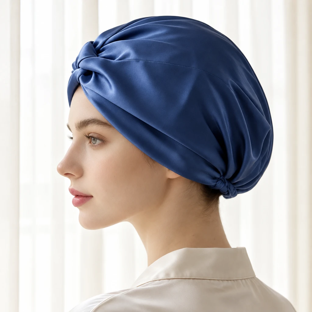 Bonnet de nuit en soie de mûrier standard – Bleu marine royal - Profil latéral et positionnement sur la tête