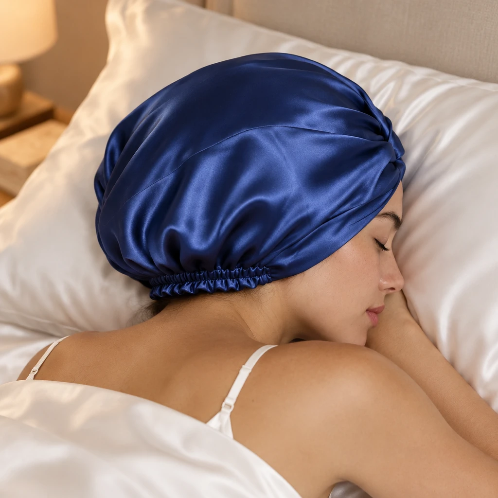 Bonnet de nuit en soie de mûrier standard – Bleu marine royal - Protection nocturne et appui sur l'oreiller