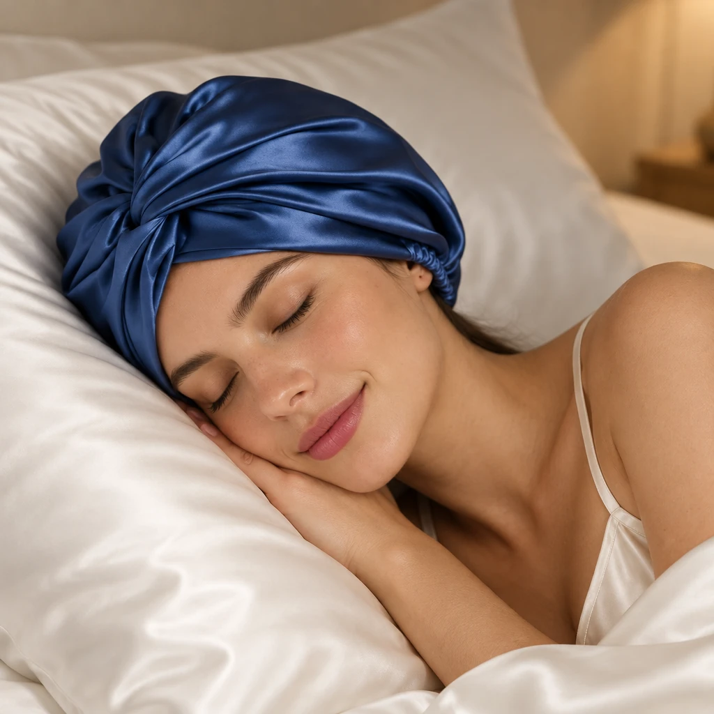 Bonnet de nuit en soie de mûrier standard – Bleu marine royal - Sommeil serein et régénérant avec protection en soie