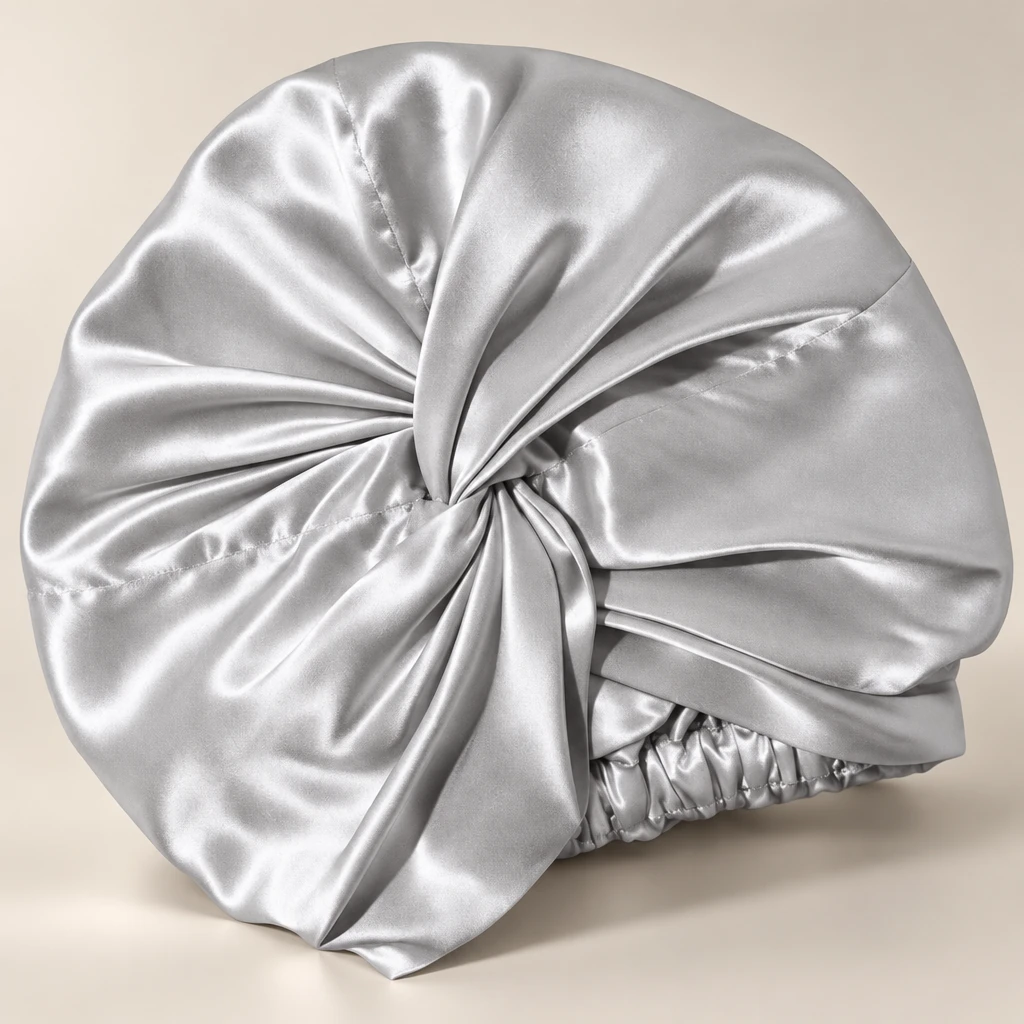 Bonnet de nuit en soie de mûrier standard – Gris argent - Gros plan sur la brillance et la texture de la soie
