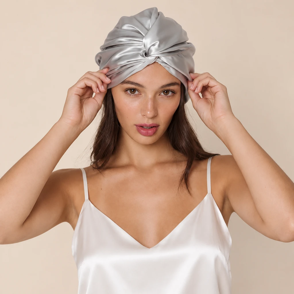Modèle avec : Bonnet de nuit en soie de mûrier standard – Gris argent