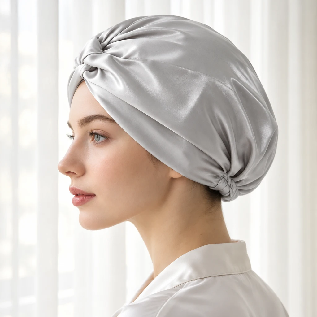 Bonnet de nuit en soie de mûrier standard – Gris argent - Profil latéral et positionnement sur la tête