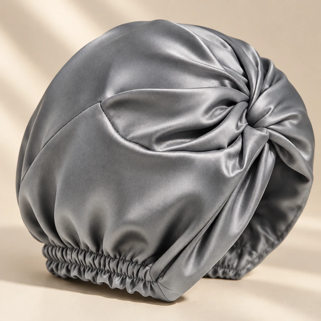 Bonnet de nuit en soie de mûrier standard – Gris anthracite - Gros plan sur la brillance et la texture de la soie