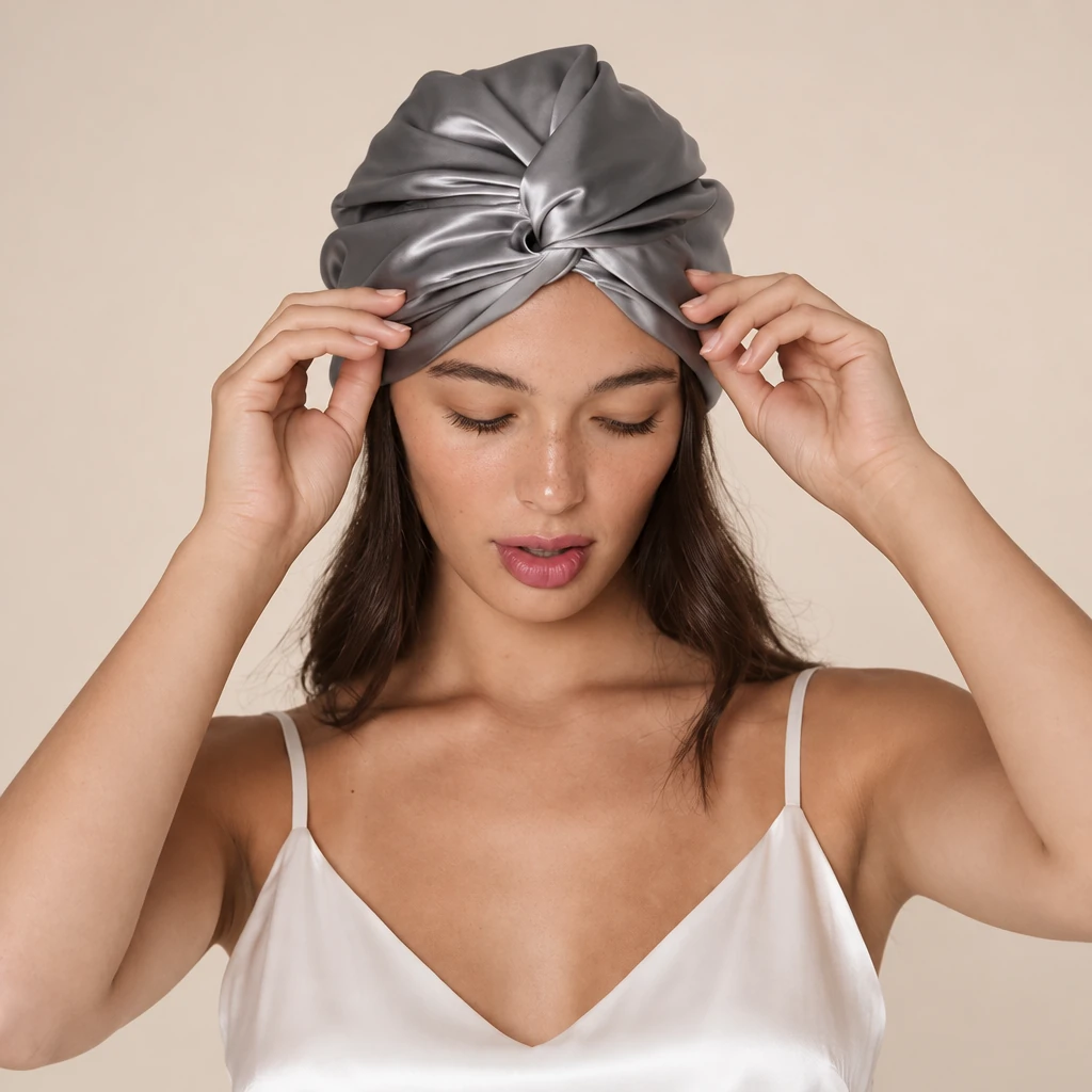 Modèle avec : Bonnet de nuit en soie de mûrier standard – Gris anthracite