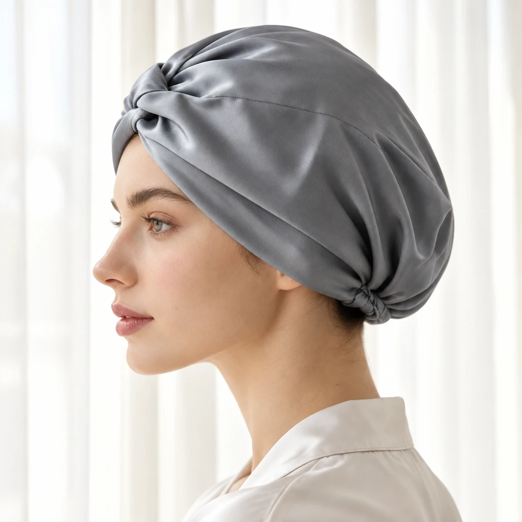 Bonnet de nuit en soie de mûrier standard – Gris anthracite - Profil latéral et positionnement sur la tête