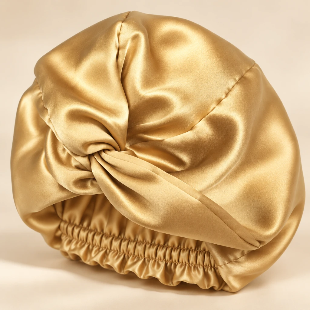 Bonnet de nuit en soie de mûrier standard – Or chaud - Gros plan sur la brillance et la texture de la soie