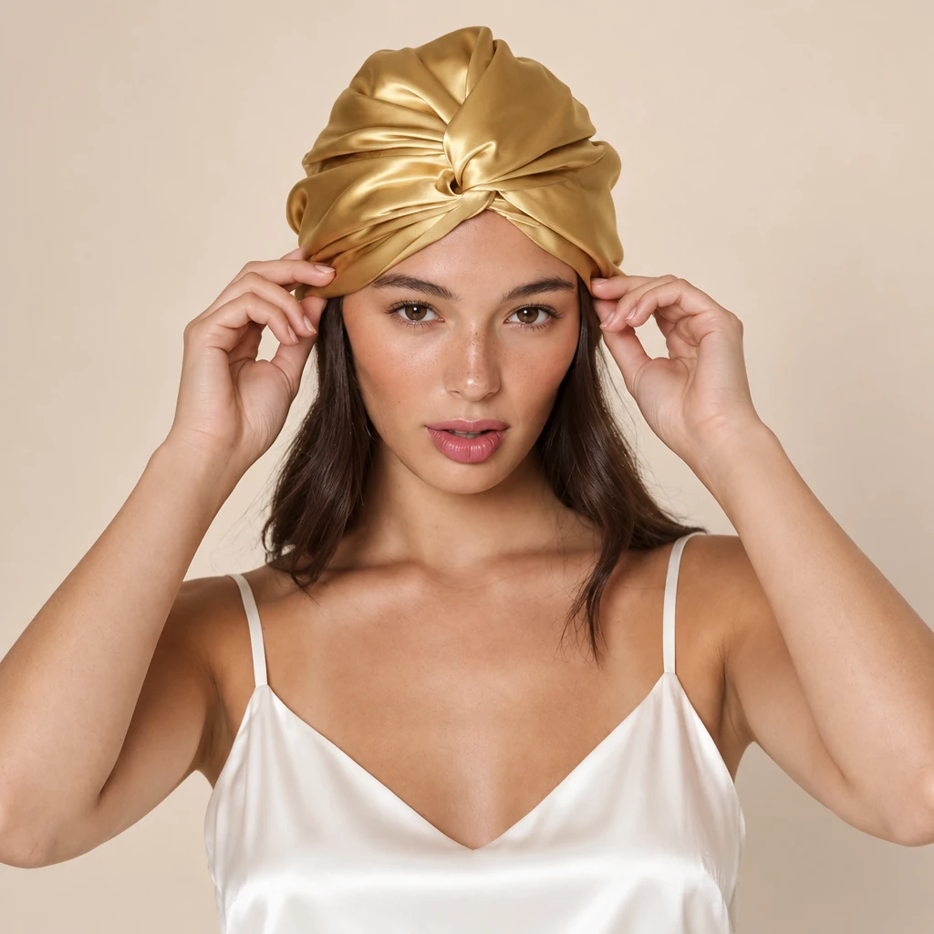 Modèle avec : Bonnet de nuit en soie de mûrier standard – Or chaud