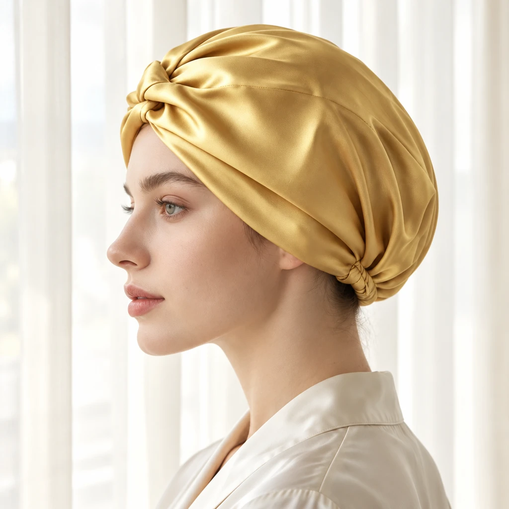 Bonnet de nuit en soie de mûrier standard – Or chaud - Profil latéral et positionnement sur la tête